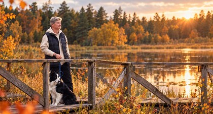 Person med hund står på en träbrygga vid en sjö omgiven av höstfärgad skog i solnedgång.