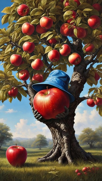Ett äppelträd med mänskliga händer håller ett stort äpple och bär en blå hatt, surrealistiskt landskap.