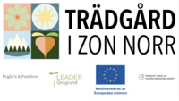 Logotyp för 'Trädgård i zon norr' med symboler för natur, växter och samarbetande organisationer.