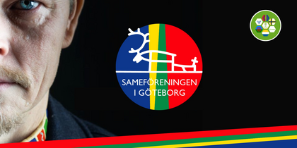 Halvt ansikte av en man med blå ögon, logotyp för Sameföreningen i Göteborg med samiska färger och renmotiv.