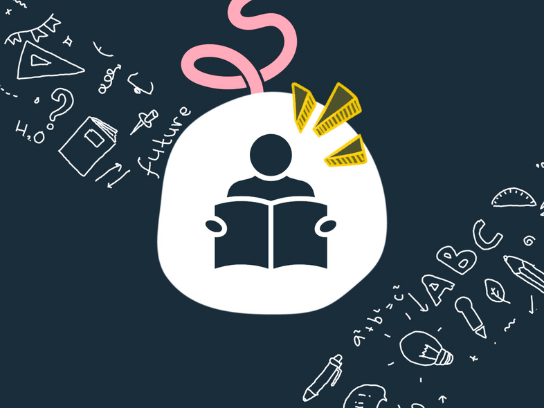Illustration av en person som läser en bok, omgiven av utbildningsrelaterade ikoner och symboler.
