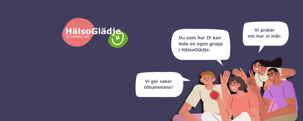 Illustration av fyra personer som sitter tillsammans och pratar om hälsa, med pratbubblor och logotypen Hälsoglädje.