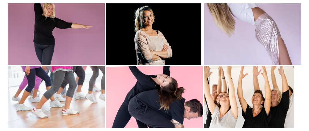 Sex bilder som visar människor som dansar, tränar och poserar i olika miljöer, både individuellt och i grupp.