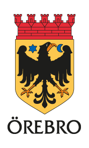 Örebros stadsvapen med en svart örn, blå stjärna, blå måne och röd murkrona ovanför.