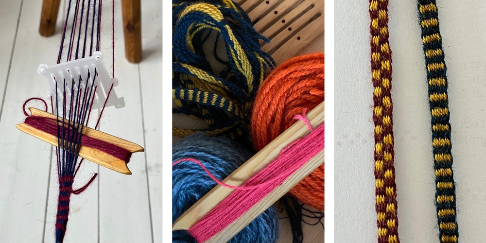 Tre bilder visar bandvävning med garn, vävskedar och färdiga band i olika färger.