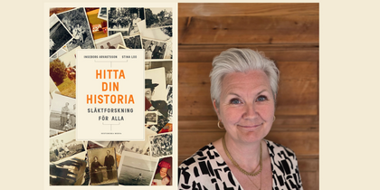 Bokomslag till 'Hitta din historia: släktforskning för alla' och en person med kort grått hår mot trävägg.