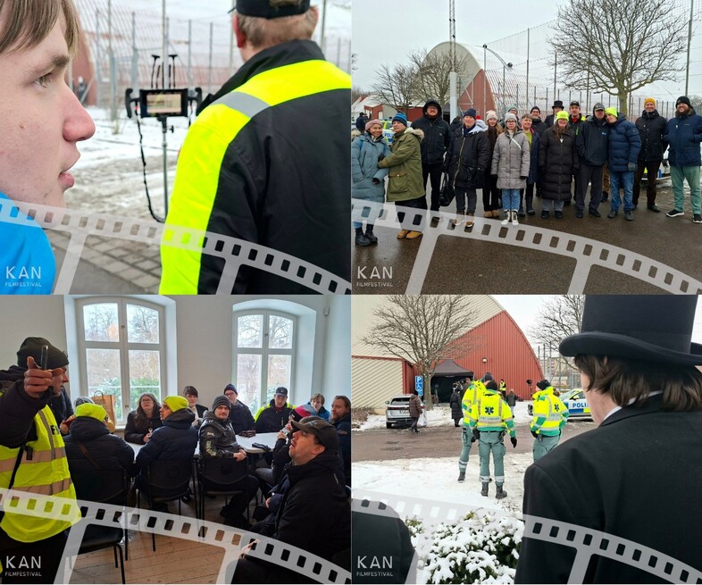 Fyra bilder visar människor utomhus och inomhus, poliser, säkerhetspersonal och en grupp i vinterkläder.