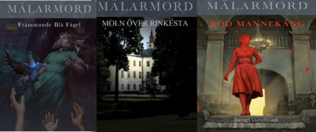 Tre bokomslag ur serien Målarmord, med motiv av en kvinna, ett slott och en rödklädd kvinna på scen.