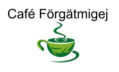 Logotyp med texten 'Café Förgätmigej' och en grön kaffekopp med ånga ovanför.