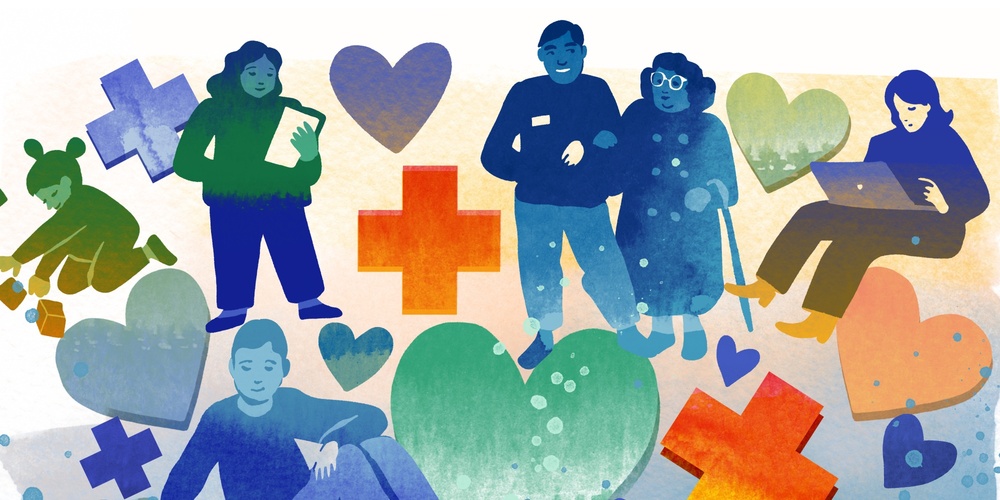 Illustration av människor, hjärtan, kors och händer som symboliserar omsorg och gemenskap.