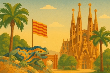 Illustration av Sagrada Familia, en mosaiködla, palmer och en katalansk flagga i Barcelona.
