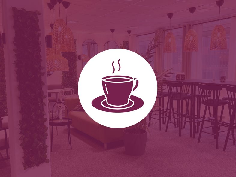 En kaffekopp-ikon i centrum, med en modern café- eller lounge-miljö i bakgrunden.