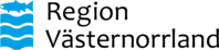 Logotyp för Region Västernorrland med blå fisk och vågor samt svart text.