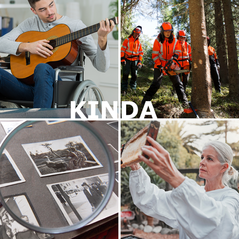 Fyra bilder: man i rullstol spelar gitarr, skogsarbetare, gamla foton under förstoringsglas, kvinna undersöker bikupa.