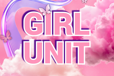 Texten 'GIRL UNIT' i stora bokstäver mot en rosa bakgrund med moln, fjärilar och neonliknande linjer.