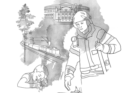 Illustration med brandman, tåg, barn som skriver, träd och en byggnad i svartvitt.