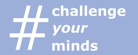 Ljusblå bakgrund med en stor hashtag-symbol och texten 'challenge your minds' i vitt.