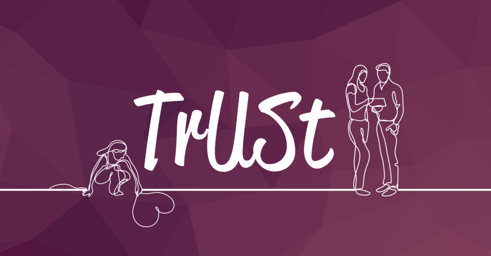 Illustration med ordet 'Trust', en person som ritar ett hjärta och två personer som tittar på en surfplatta, på lila bakgrund.
