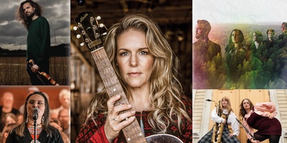 Collage med musiker, instrument som gitarr, fiol, saxofon och skogsmiljöer.