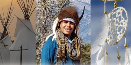 Tre bilder: tipitält i solnedgång, leende person i traditionell huvudbonad, och en drömfångare med fjädrar.
