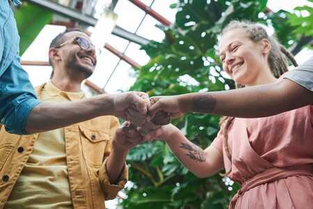 Fyra personer står i ett växthus, sträcker fram händerna mot varandra boxar varandras händer.