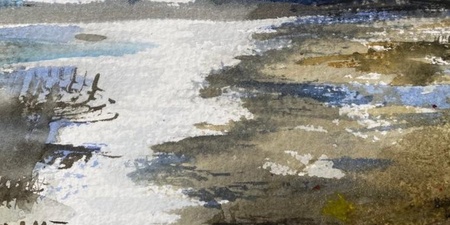 Akvarellmålning av ett landskap med text om akvarellkurs med Märith Sovin, arrangerad av Vuxenskolan.