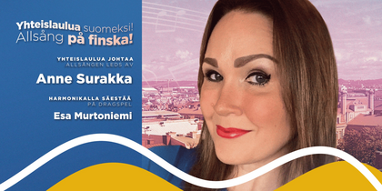 Affisch för allsång på finska med text och en person vars ansikte är suddat.