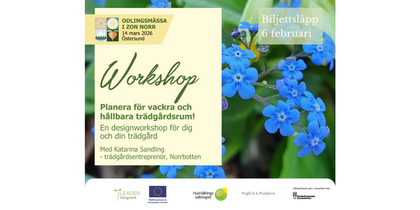 Affisch för en trädgårdsworkshop med blå blommor i bakgrunden och information om evenemanget i Östersund 2026.