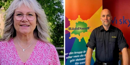 Två personer, en kvinna utomhus i rosa blus och en man inomhus i svart skjorta framför en färgglad skylt.
