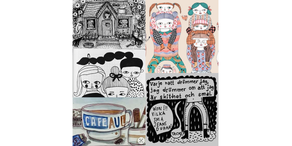 Collage med tecknade figurer, hus, kaffekopp och svensk text i svartvitt och färg. Berätta med bilder serieteckning för vuxna av konstnär Camia Pia Boije 