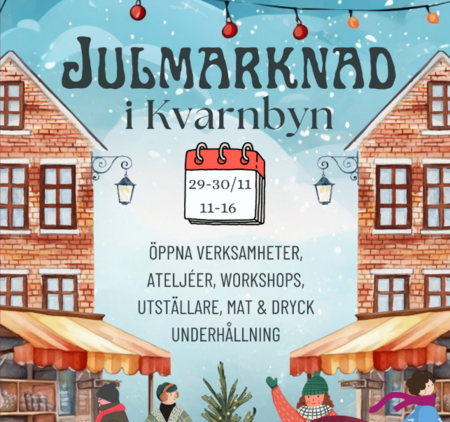 Affisch för julmarknad i Kvarnbyn med datum, tid och information om aktiviteter, illustrerad med vintermiljö och glada människor.