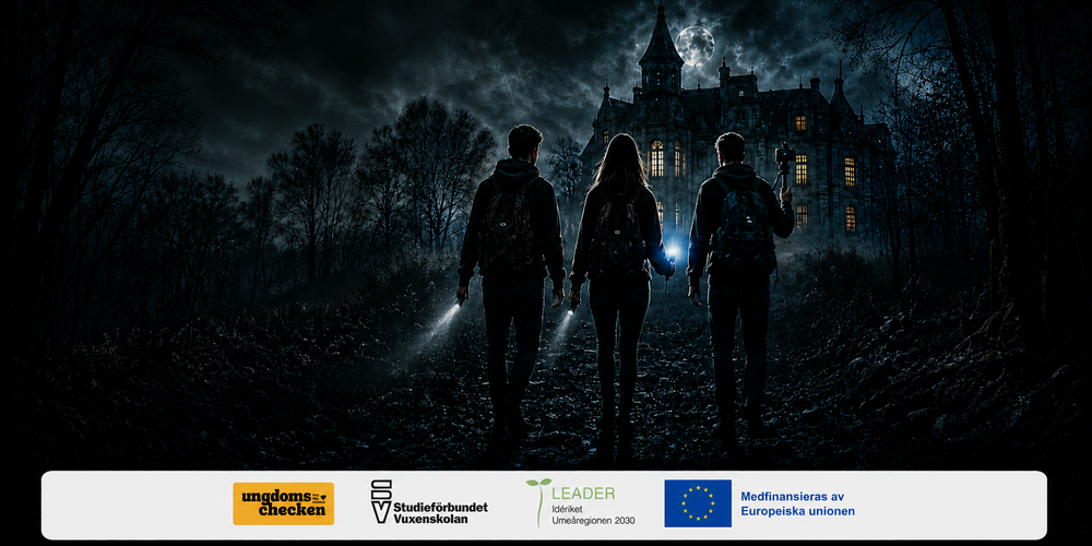 Tre personer med ficklampor går mot ett upplyst slott i en mörk skog under fullmåne.