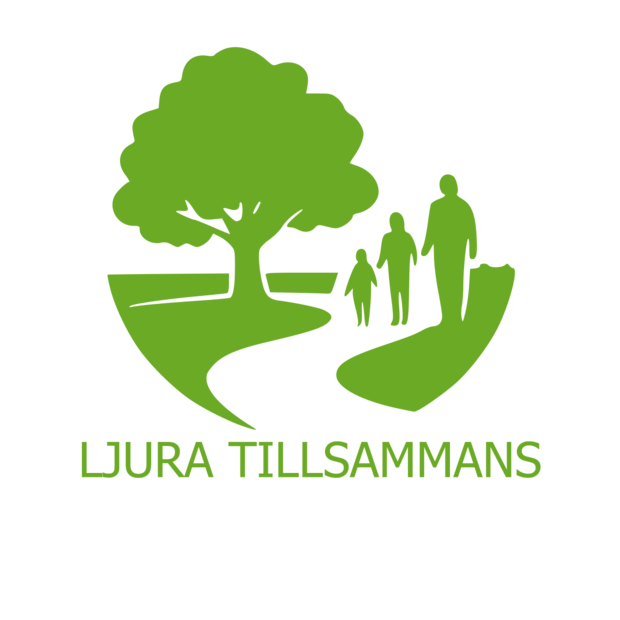 Grön logotyp med ett träd, tre personer som promenerar på en stig och texten 'Ljura Tillsammans'.