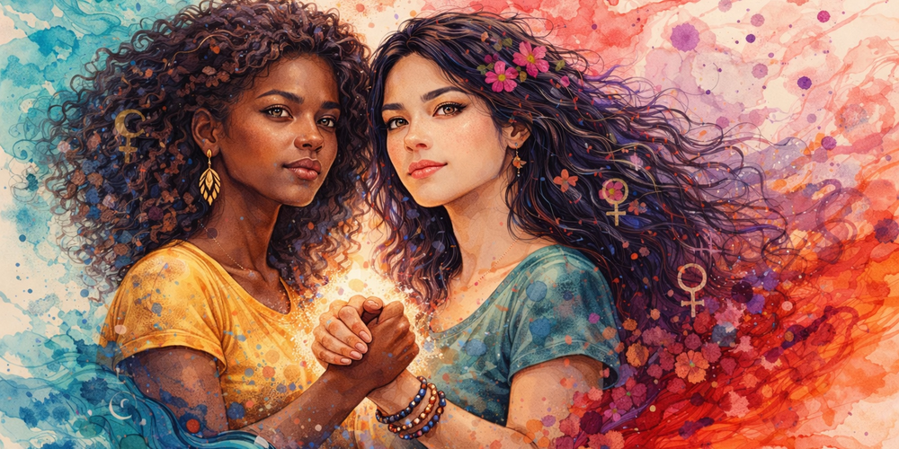 Två kvinnor håller varandras händer, omgivna av färgstarka vattenfärger i blått och rött.