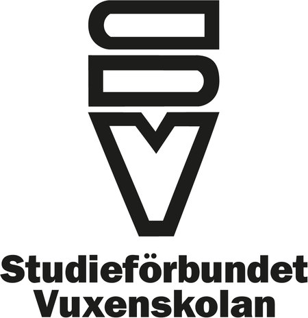 Logotyp för Studieförbundet Vuxenskolan med stiliserade bokstäver SV ovanför texten.
