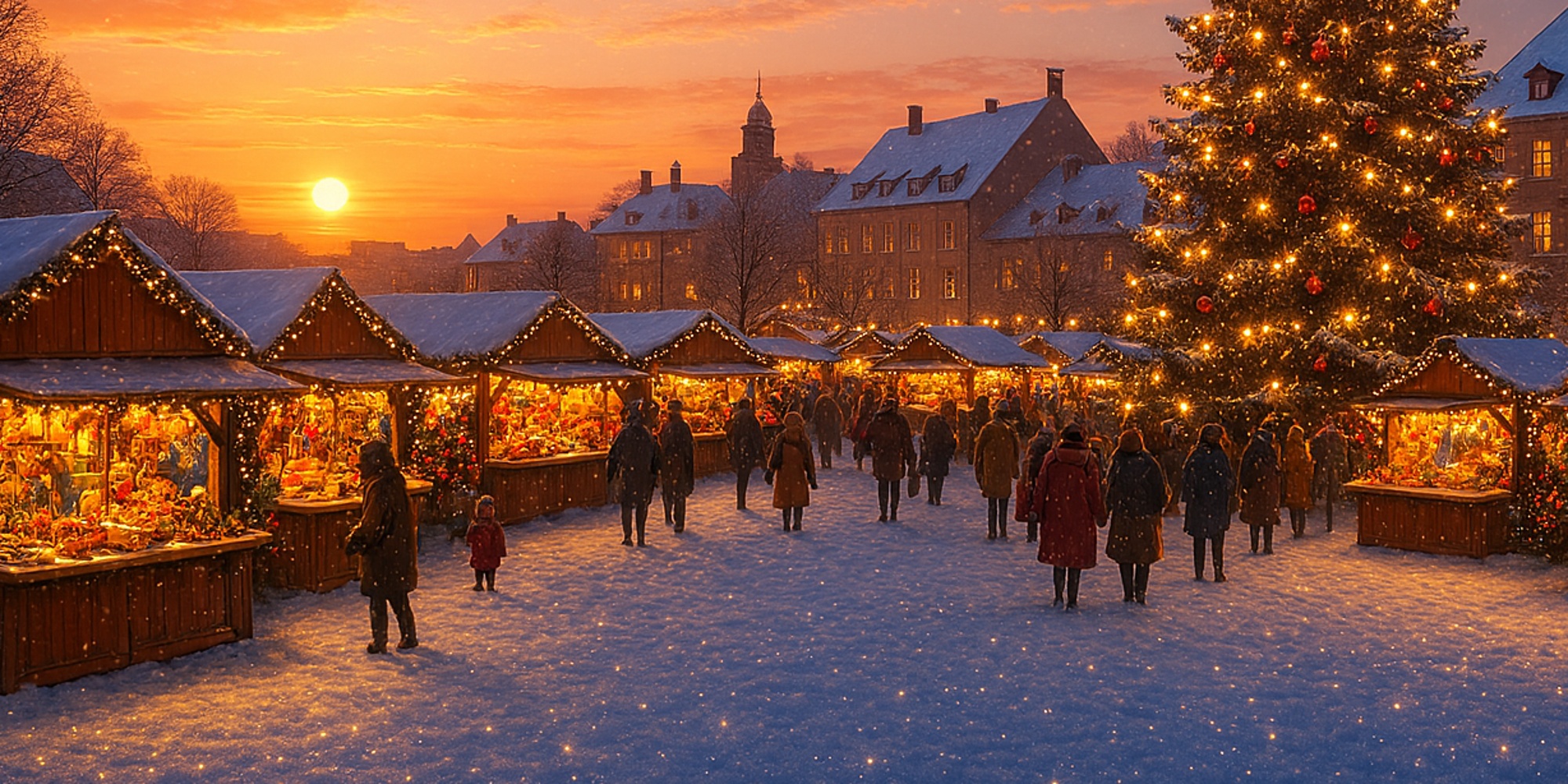 Julmarknad utomhus i snöig stadsmiljö med stora julgranen och marknadsstånd i solnedgång.