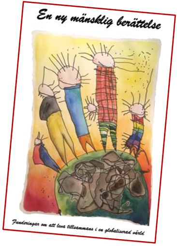 Omslag med tecknade figurer som står på en jordglob, färgglada kläder och text på svenska.