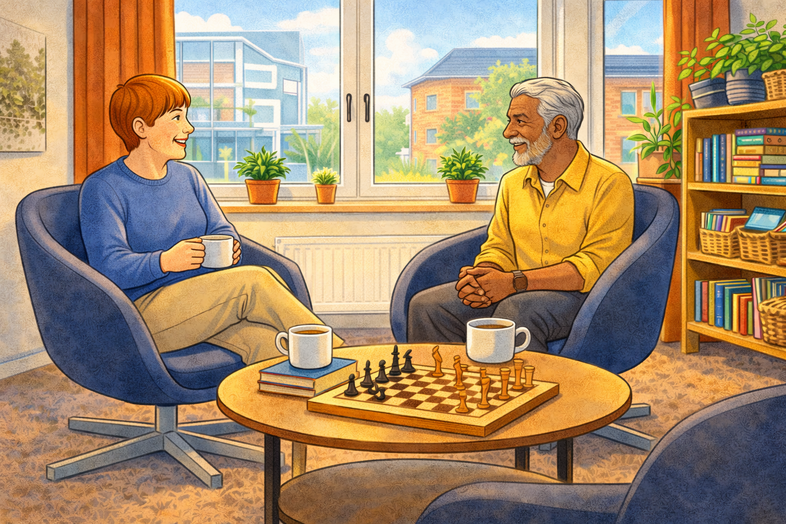 Två personer sitter i fåtöljer vid ett bord med schackbräde och kaffekoppar i ett ljust vardagsrum.