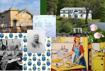 Collage med hus, ritning, äldre kvinna, köksscen, blommor, musik och blå plommonmönster.