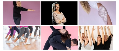 Sex bilder som visar människor som dansar, tränar och poserar i olika miljöer, både individuellt och i grupp.