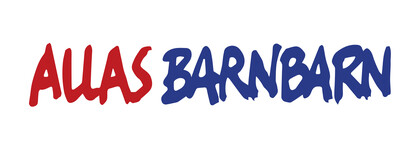 Texten 'Allas Barnbarn' i röd och blå handskriven stil på vit bakgrund.
