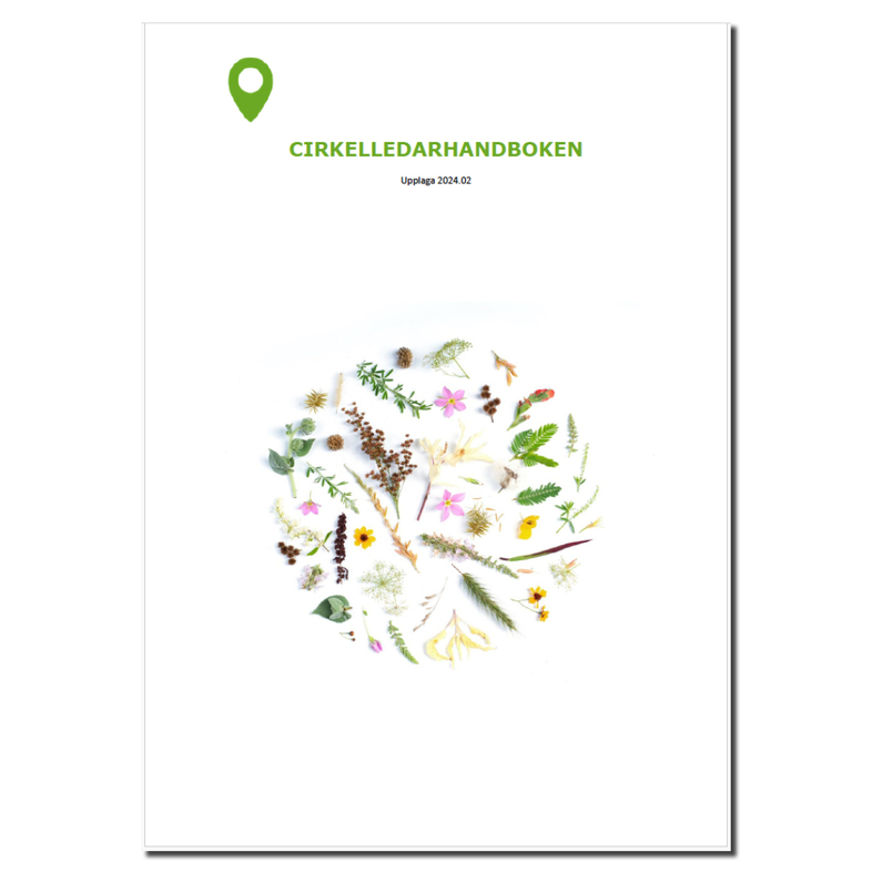 Omslag till en handbok med titeln 'Cirkelledarhandboken', med illustration av olika blommor och växter i en cirkel.