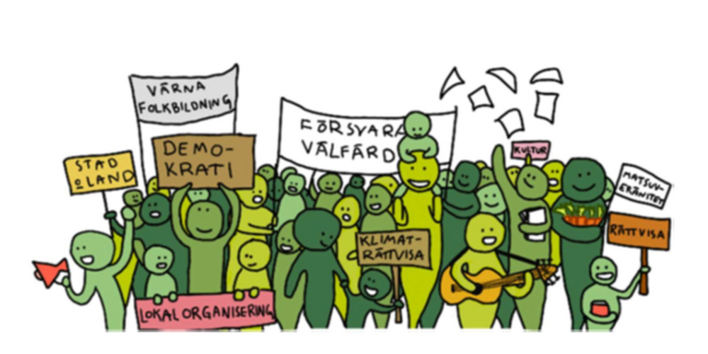 Tecknad illustration av en demonstration med människor som håller skyltar om demokrati, klimat och rättvisa.