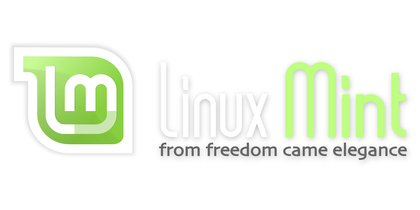 Linux Mint-logotyp med texten 'from freedom came elegance' i grönt och vitt.