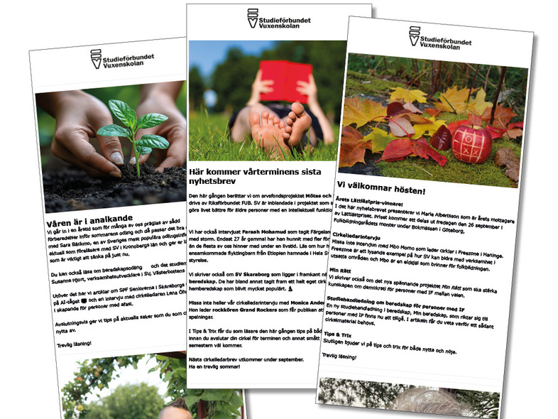Tre nyhetsbrev från Studieförbundet Vuxenskolan med bilder på växande planta, läsande person och höstlöv.