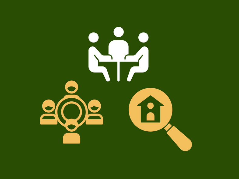 Tre ikoner på grön bakgrund: möte vid bord, nätverk av personer och förstoringsglas med hus.