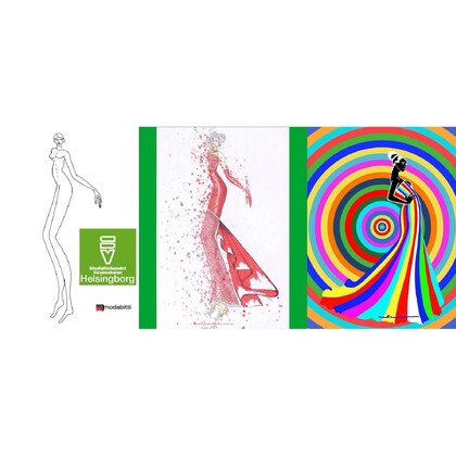 Tre modeillustrationer: en skiss, en röd klänning och en regnbågsfärgad klänning mot cirkulär bakgrund.