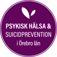 Lila rund logotyp med texten 'Psykisk hälsa & suicidprevention i Örebro län' och två vita blad ovanför texten.
