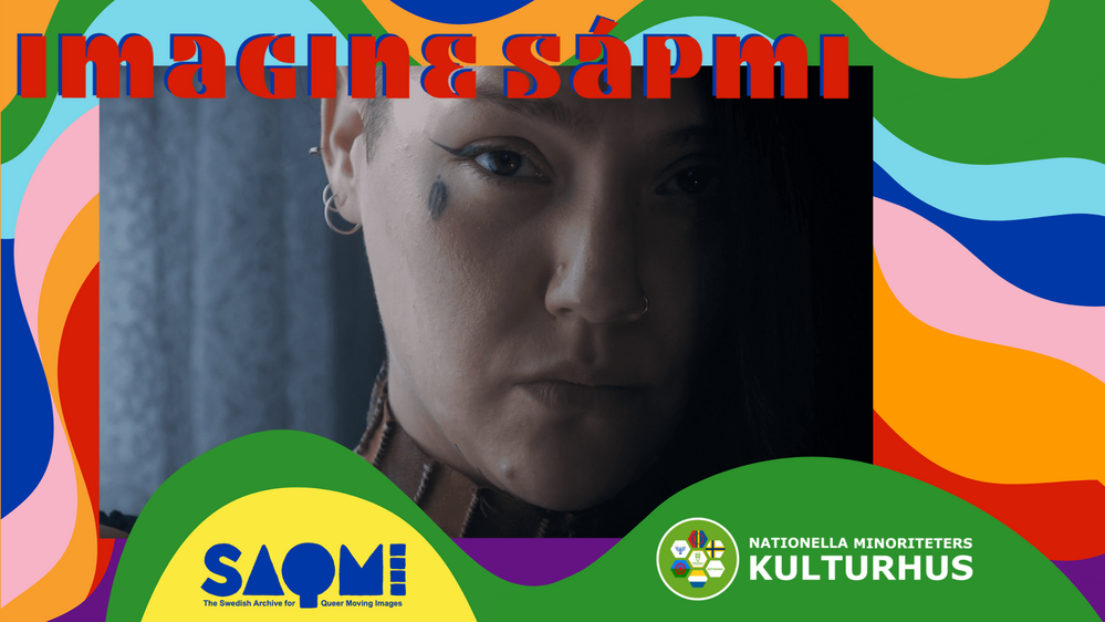 Färgglad affisch med logotyper för SAQMI och Nationella Minoriteters Kulturhus, delvis täckt av en suddig rektangel.