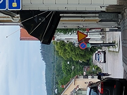 En smal stadsgata med bilar, en cyklist och gröna träd i bakgrunden, samt trafikskyltar längs trottoaren.